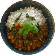 Indisches Dal - aromatisches Linsen-Kartoffel-Curry mit frischer Minze (2,3,18,49,81) dazu Basmatireis