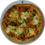 Pizza „Primavera“ mit Zucchini, Aubergine, Paprika, Zwiebeln, Knoblauch, Tomate und Käse überbacken (19,49,81) 