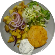 Schnitzelabend: Hausgemachtes Kohlrabischnitzel (3,81) an Mayonnaise-Kräuter-Dip (9,15,19,81) dazu Bratkartoffeln und Salatgarnitur