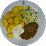 Hacksteak nach 'Griechischer Art' gefüllt mit Hirtenkäse (15,19,49,51,52,81,83) mit Aioli-Dip (9,15,19,49,81) dazu Kartoffel-Chips und kleiner Weißkrautsalat mit Lauchröllchen