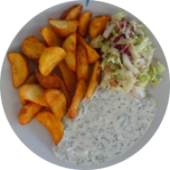 Gebackene Kartoffelspalten mit Kräuterquark (19) dazu Salatgarnitur