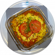 Spaghetti-Auflauf mit Tomaten-Basilikum-Soße und Reiberei (1,3,21,81)