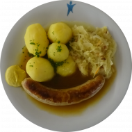 Roster mit Senf (3,22,51) und Bratenjus (81) dazu Sauerkraut mit und ohne Speck (51) und Petersilienkartoffeln