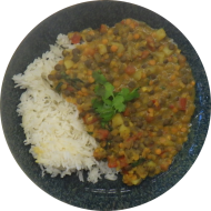 'Indisches Dal' aromatisches Linsen-Kartoffel-Curry mit frischer Minze (3,18,49,81) dazu Jasmin-Duftreis