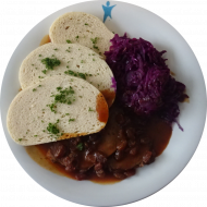 Sauerbraten in würziger Lebkuchensoße (1,3,21,52,81,82) an Apfelrotkraut mit Speck (51) mit Knödelscheiben (15,19,81)