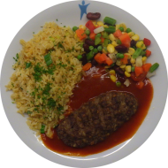 Pikantes Rinderhacksteak Hacienda (15,22,52,81) an Currysoße 'BBQ-Style' mit Koriander (21,81) dazu Sombrerogemüse (21) und Bratreis