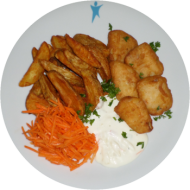 Fish 'n' Chips mit würziger Remouladesoße (9,15,16,19,56,81) dazu Kartoffelspalten und Salatgarnitur
