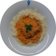 Indisches Butter Chicken mit Knoblauch, Joghurt, Zimt, Honig und Garam Masala Basmati (19,48,54) dazu Basmatireis