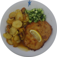 Hausgemachtes Sächsisches Schnitzel mit würziger Senfpanade (15,22,51,81) an Bratenjus (81) dazu Bratkartoffeln und kleiner Gurkensalat mit Dill