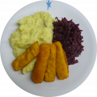 4 gebackene Fischstäbchen (16,56,81) und Rotkraut mit Speck (51) dazu hausgemachter Kartoffelstampf (19)