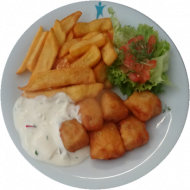 'Fish'n Chips' - Seelachsnuggets und würzige Kartoffelspalten (15,16,19,56,81) mit Remouladensoße (9,15,22,81) 