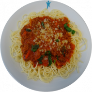 Spaghetti (81) mit Hackfleischsoße 'Bologneser Art' (51) oder Linsenbolognese (21) dazu geriebener Gouda (19) oder vegane Reiberei (1,2)